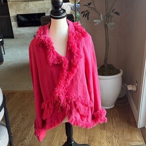 NWOT Fringed Snap-Front Jacket — Bright Pink Knit
